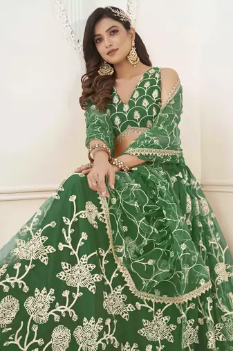 P.GREEN  NET WITH SEQUINS AND THREAD EMBROIDERY WORK SEMI-STITCHED LEHENGA & UNSTITCHED BLOUSE WITH DUPATTA