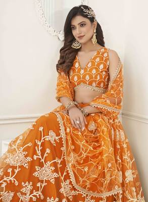 ORANGE NET WITH SEQUINS AND THREAD EMBROIDERY WORK SEMI-STITCHED LEHENGA & UNSTITCHED BLOUSE WITH DUPATTA 3