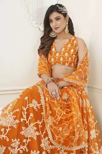 ORANGE NET WITH SEQUINS AND THREAD EMBROIDERY WORK SEMI-STITCHED LEHENGA & UNSTITCHED BLOUSE WITH DUPATTA
