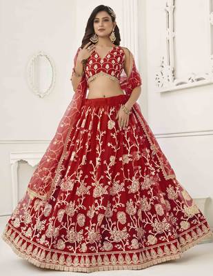 RED NET WITH SEQUINS AND THREAD EMBROIDERY WORK SEMI-STITCHED LEHENGA & UNSTITCHED BLOUSE WITH DUPATTA 2