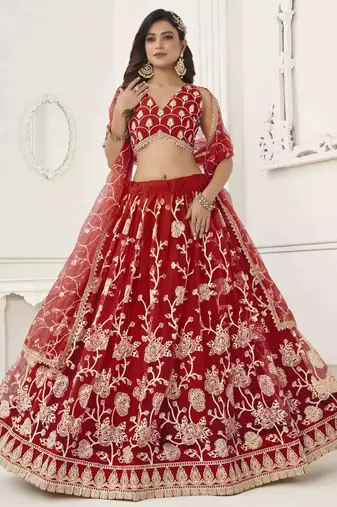 RED NET WITH SEQUINS AND THREAD EMBROIDERY WORK SEMI-STITCHED LEHENGA & UNSTITCHED BLOUSE WITH DUPATTA