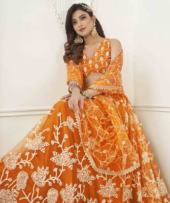 ORANGE NET WITH SEQUINS AND THREAD EMBROIDERY WORK SEMI-STITCHED LEHENGA & UNSTITCHED BLOUSE WITH DUPATTA 4