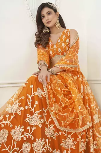 ORANGE NET WITH SEQUINS AND THREAD EMBROIDERY WORK SEMI-STITCHED LEHENGA & UNSTITCHED BLOUSE WITH DUPATTA