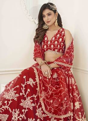RED NET WITH SEQUINS AND THREAD EMBROIDERY WORK SEMI-STITCHED LEHENGA & UNSTITCHED BLOUSE WITH DUPATTA 3