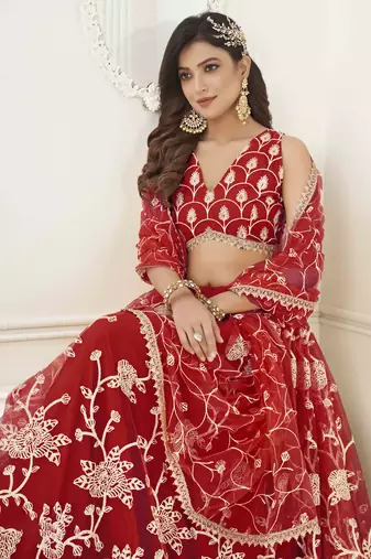 RED NET WITH SEQUINS AND THREAD EMBROIDERY WORK SEMI-STITCHED LEHENGA & UNSTITCHED BLOUSE WITH DUPATTA