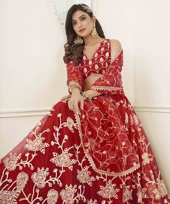 RED NET WITH SEQUINS AND THREAD EMBROIDERY WORK SEMI-STITCHED LEHENGA & UNSTITCHED BLOUSE WITH DUPATTA 4