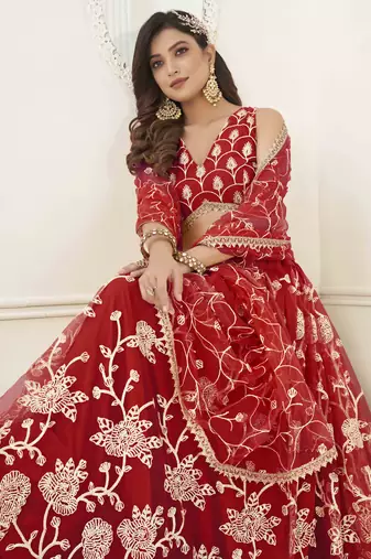 RED NET WITH SEQUINS AND THREAD EMBROIDERY WORK SEMI-STITCHED LEHENGA & UNSTITCHED BLOUSE WITH DUPATTA