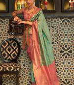 Mint Green And Pink Woven Banarasi Style Silk Blend Saree With Blouse For Women