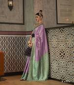 Lilac And Green Woven Banarasi Style Silk Blend Saree With Blouse For Women