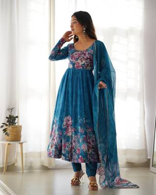 Cobalt Blue Anarkali Organza Silk Flair Stitched Gown 1