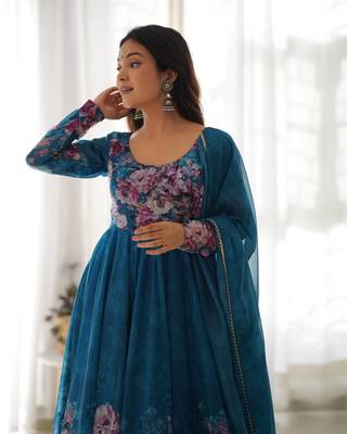 Cobalt Blue Anarkali Organza Silk Flair Stitched Gown 3
