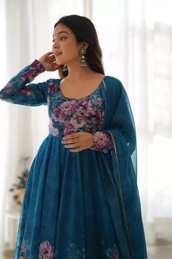 Cobalt Blue Anarkali Organza Silk Flair Stitched Gown