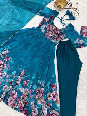 Cobalt Blue Anarkali Organza Silk Flair Stitched Gown 5