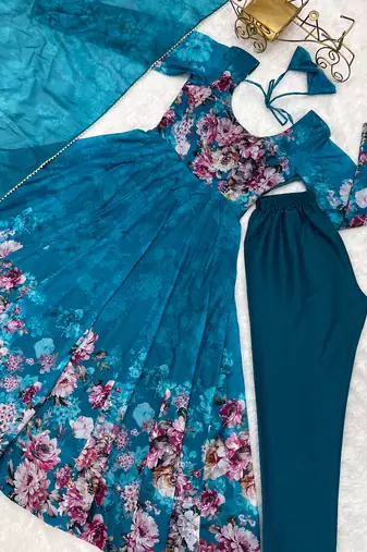 Cobalt Blue Anarkali Organza Silk Flair Stitched Gown