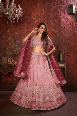 Pink Mirror work Lehenga for bridesmaid with Intricate work 2