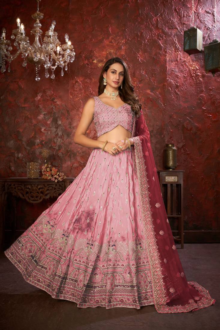 Pink Mirror work Lehenga for bridesmaid with Intricate work
