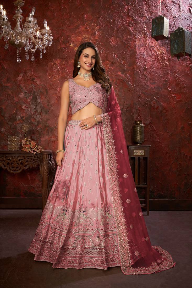 Pink Mirror work Lehenga for bridesmaid with Intricate work