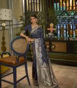 Blue Satin Silk Woven Designer Saree With Blouse For Women