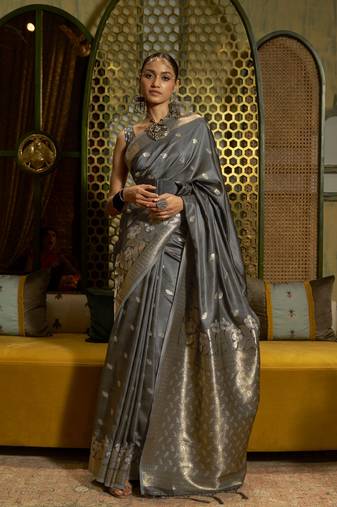Grey Satin Silk Woven Designer Saree With Blouse For Women