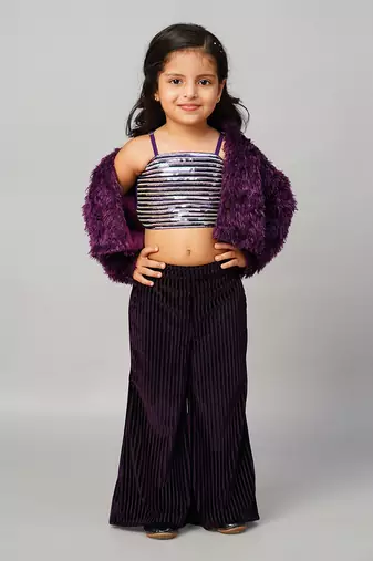 Glam up girls party fur jacket with palazzo pant