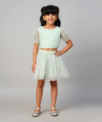 Paris nights girls sea green party skirt with top 1