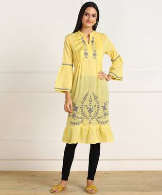 s cotton embroidered anarkali kurti yellow 1