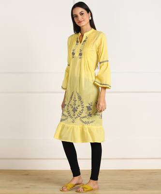 s cotton embroidered anarkali kurti yellow 2