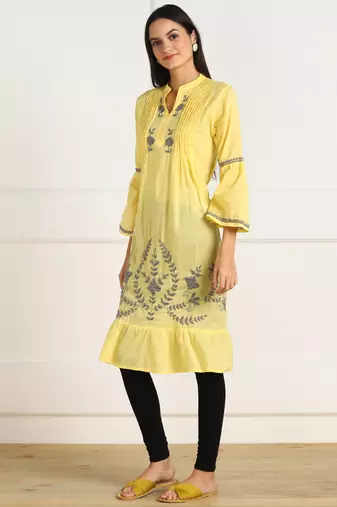 s cotton embroidered anarkali kurti yellow
