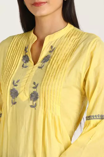 s cotton embroidered anarkali kurti yellow