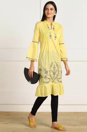 s cotton embroidered anarkali kurti yellow