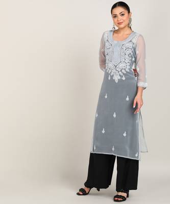 Vahson women's lucknow chikankari hand embroidered georgette a-line kurta grey 2