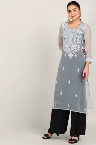 Vahson women's lucknow chikankari hand embroidered georgette a-line kurta grey