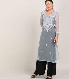 Vahson women's lucknow chikankari hand embroidered georgette a-line kurta grey