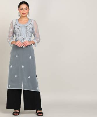 Vahson women's lucknow chikankari hand embroidered georgette a-line kurta grey 1