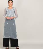 Vahson women's lucknow chikankari hand embroidered georgette a-line kurta grey
