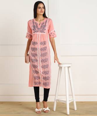 Vahson lucknow chikan hand embroidered cotton a-line pink kurta for women 3