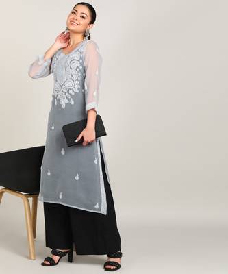 Vahson women's lucknow chikankari hand embroidered georgette a-line kurta grey 3