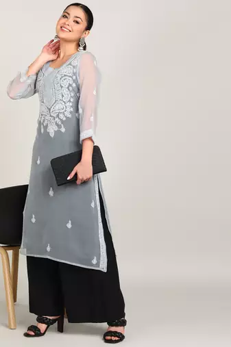 Vahson women's lucknow chikankari hand embroidered georgette a-line kurta grey