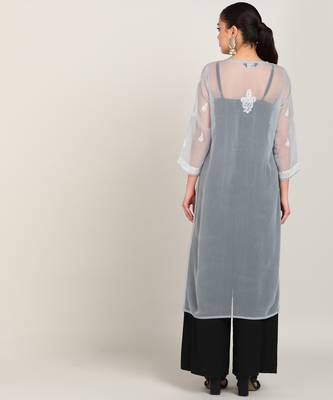 Vahson women's lucknow chikankari hand embroidered georgette a-line kurta grey 4