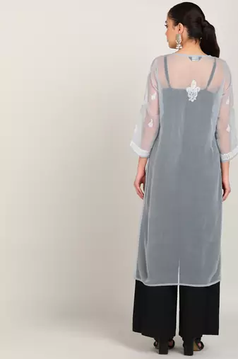 Vahson women's lucknow chikankari hand embroidered georgette a-line kurta grey