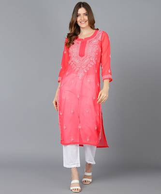Vahson women's lucknow chikankari hand embroidered georgette a-line kurta red 1