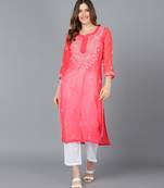Vahson women's lucknow chikankari hand embroidered georgette a-line kurta red