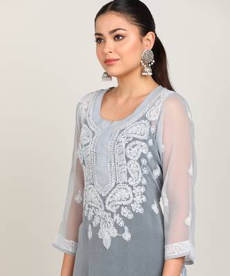 Vahson women's lucknow chikankari hand embroidered georgette a-line kurta grey 5