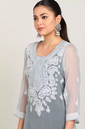 Vahson women's lucknow chikankari hand embroidered georgette a-line kurta grey