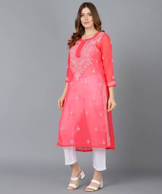 Vahson women's lucknow chikankari hand embroidered georgette a-line kurta red 2