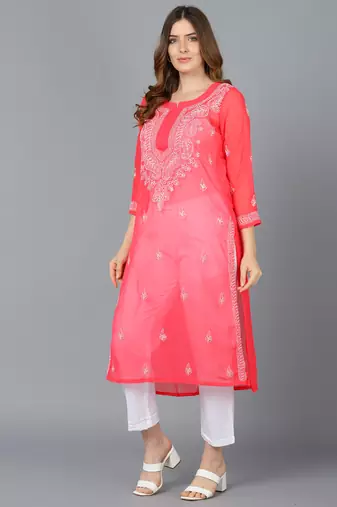 Vahson women's lucknow chikankari hand embroidered georgette a-line kurta red