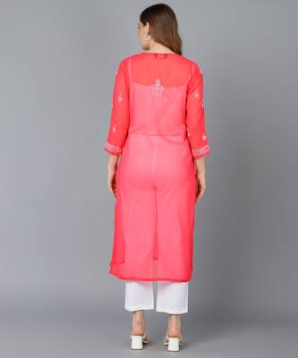 Vahson women's lucknow chikankari hand embroidered georgette a-line kurta red 3