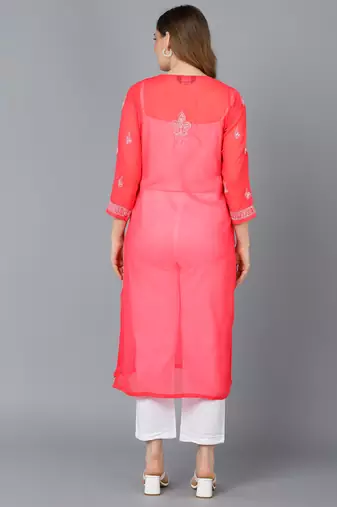 Vahson women's lucknow chikankari hand embroidered georgette a-line kurta red