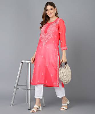 Vahson women's lucknow chikankari hand embroidered georgette a-line kurta red 4
