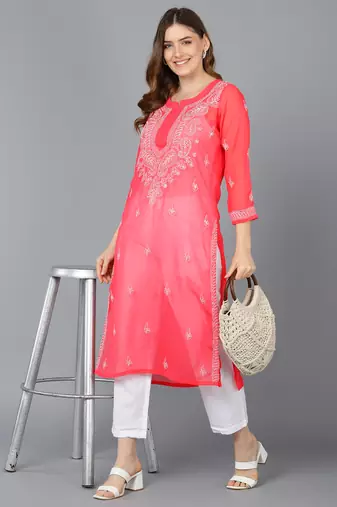 Vahson women's lucknow chikankari hand embroidered georgette a-line kurta red